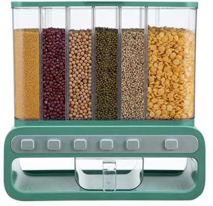 ARICCI Cereal Dispenser Wall Mounted,Dry Food Dispenser 6 Grid,Household Classification Rice Box Rice Storage Tank,White (Green) vision