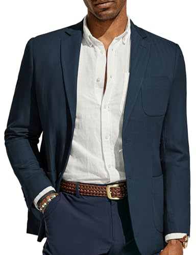 PJ Paul Jones Giacca da Uomo Slim Fit Due Bottoni Casual Blazer Cotone Lino a Spina di Pesce Cappotti Sportivi, Blu Navy, XX-Large