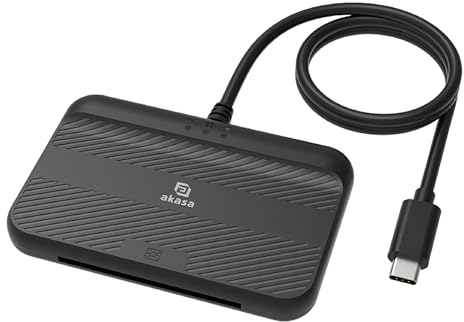 Akasa Lettore di smartcard NFC senza contatto e lettore di schede di memoria ID elettrico esterno, usa e gioca, cavo USB-C da 100 cm con indicatore LED, nero, supporta Windows, Linux e macOS, AK-CR-15
