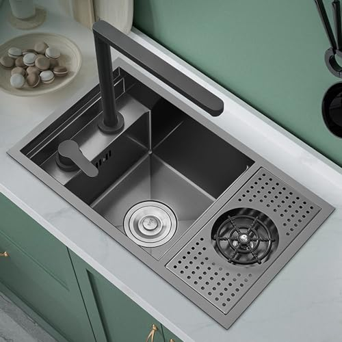 Lavabo Cocina Fregadero Negro Bajo Encimera, Fregadero Cocina 1 Seno con Escurridor Fregadero Oculto con Tapa, 550 * 320mm