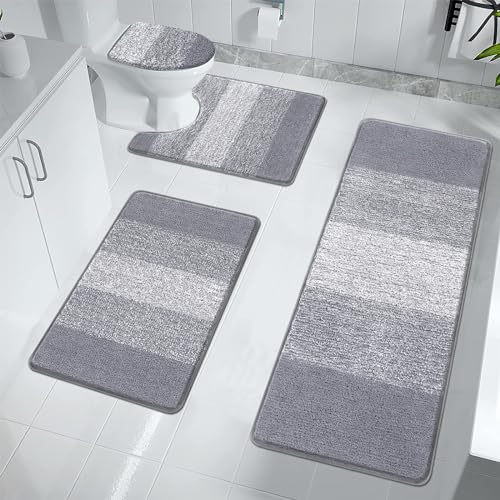 Enyhom Set 4 Tappeto Bagno Antiscivolo, Morbidi Tappetino Bagno Assorbente, Tappeto Doccia in Microfibra, Lavabile in Lavatrice, Tappetino Doccia con Copriwater, Tappetino Piedistallo WC a Forma di U