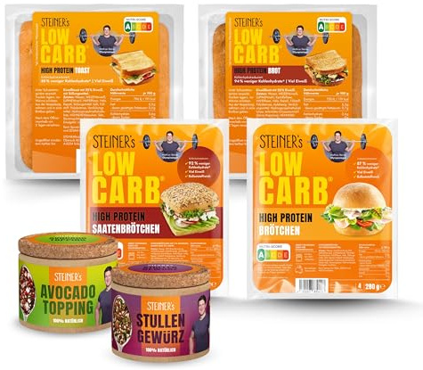 STEINER's Low Carb Brotzeit Box | 87-94% weniger Kohlenhydrate | High Protein Brötchen, Toast, Brot & Saatenbrötchen | Inkl. Stullen Gewürz & Avocado Topping | Ballaststoffreich | Eiweißreich