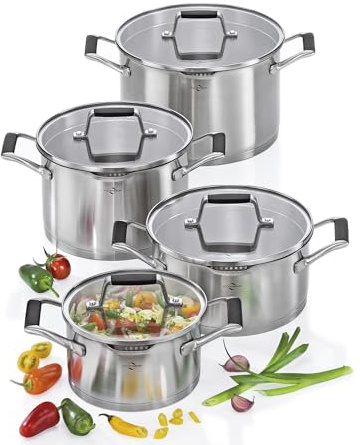 Küchenprofi COOK Topfset BOLOGNA | 4-tlg. | Edelstahl | Glasdeckel | Induktionsgeeignet | Ausgießer | Feines/grobes Sieb | Mehrschichtboden | 1 x Bratentopf Ø 20 cm | 3 x Kochtopf Ø 16, 20, 24 cm