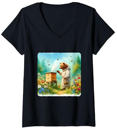 Damen Bär Imker kümmert sich um einen Bienenstock. Schutzanzug Bienen T-Shirt mit V-Ausschnitt