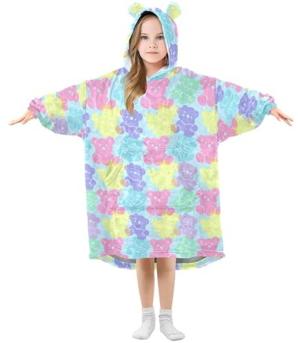 Oversized Blanket Hoodie for Kids Adult Girls Boys, Fleece Hoodie Blanket Teddy Bear Silhouette Warm Plush Wearable Blanket Hoodie Sweatshirt with Roomy Pocket, Medium