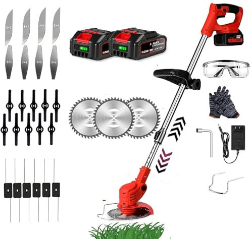 Lewpudy Akku-Rasentrimmer 24V-Gartentrimmer mit Klingen, elektrischer Rasenkantenschneider mit Metallklinge, zum Entfernen von Unkraut und Bäumen, mit 2Ah-Akku, höhenverstellbar (Red)