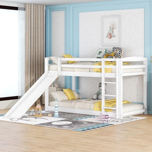 Huayz Etagenbett 90x200cm für Kinder und Jugendliche, Kinderbett mit Rutsche, Massivholzrahmen, einfache Montage (Weiß)