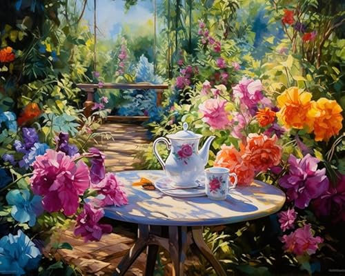 YarnAdventures Garden View Easy Painting by Numbers for Adults Beginners,Table and Tea Set,DIY Oil Painting Canvas Poster Acrylic Pigment Drawing Paintwork for Gift Home Wall Decor,16x20in Frameless