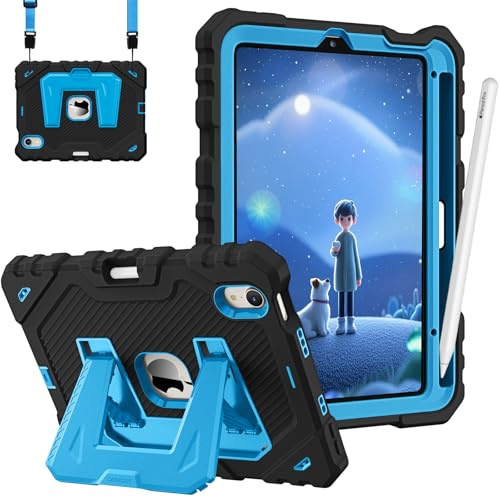 FINTIE Coque pour iPad Mini 7 2024 (A17 Pro) 8.3 Pouces/iPad Mini 6 2021 | Coque Robuste Antichoc avec Support Intégré et Porte-Stylet, Adapté aux Enfants, Noir/Bleu