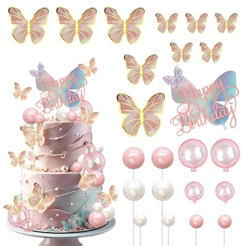 SYKYCTCY 23 Pack Butterfly Cake Decorations Pink Ball Cupcake Toppers Boho Happy Birthday Cake Toppers Butterfly Cake Topper for Girls Women Wedding Baby Shower Birthday Boho Themed Party Supplies