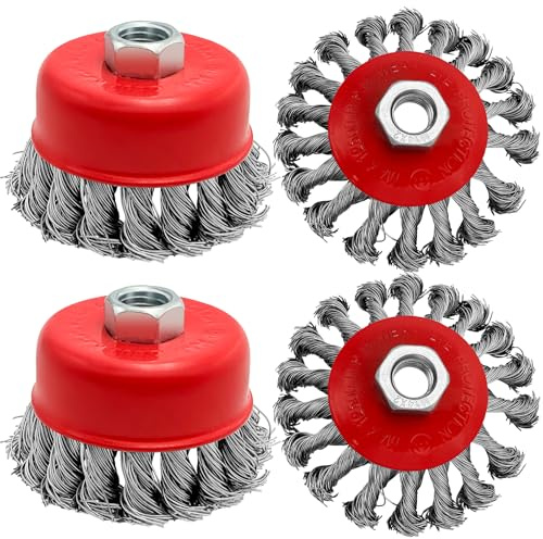 HYSHLC Lot de 4 brosses métalliques à nœud torsadé pour meuleuse d'angle, brosse plate en acier au carbone de 75 mm, filetage M14, convient pour meuleuses de 115 mm, pour enlever la rouille, décapage