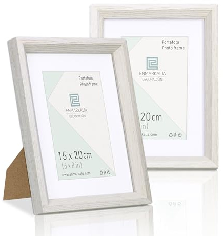 Juego de 2 Marcos de foto, 15 x 20 cm SIN paspartu y 10 x 15 cm CON paspartu, color madera, cristal y soporte pie, colgador horizontal y vertical para colgar en pared (Blanco X2 Uds., 15 x 20 cm)