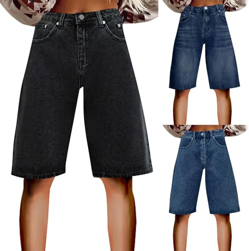 2025 Pantalones Cortos Mujer Vaqueros hasta la Rodilla con Cintura Alta Verano Casual Bermudas Jeans Elasticos Talla Grande Pantalon Corto Vaquero Elegantes Comodos Retro Original Denim Shorts Women