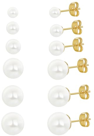 Perlenohrringe Damen Perlen ohrstecker 6 Paar Set Weiße Perlenohrstecker für Damen Edelstahl Stecker Gold 4/5/6/8/9/10mm