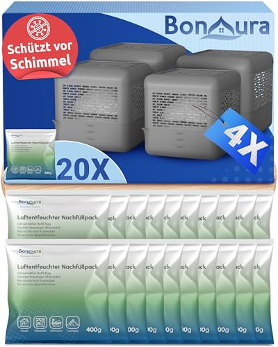 BonAura® 4x Luftentfeuchter ohne Strom + 20 x 400g Luftenfeuchter Nachfüllpack - Raumentfeuchter bis 40m² für Keller, Bad uvm. - Entfeuchter und Luftentfeuchter Granulat im Set - Schutz vor Schimmel