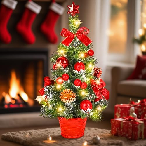 Rakuker Kleiner Weihnachtsbaum mit Beleuchtung, 40CM Weihnachtsbaum Klein mit Beleuchtung, Desktop Deko Mini Weihnachtsbaum Beleuchtet für Weihnachtsdekoration, Tischdeko, Büro (Rot)