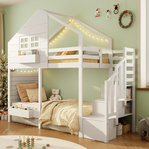 KOMHTOM 90x200cm Lit Superposé avec Toboggan et Escaliers de Stockage, Cadre de Lit en Bois avec 2 Tiroirs, Sommier à Lattes(sans Matelas) (F)