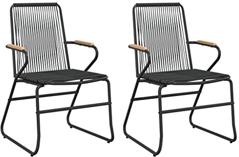 XHNIFBN Gartenstühle 2er Set Schwarz 58x59x85,5 cm PVC Rattan Stapelbar Robustes Stahlgestell & Massives Teakholz Bequeme Outdoor Polstersessel für Garten Terrasse Balkon