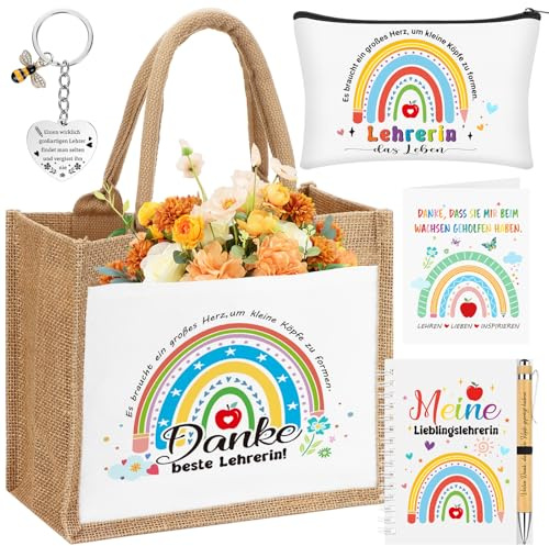 6 Stück Abschiedsgeschenk Lehrer Erzieherin Geschenk Jutebeutel mit Make-Up Taschen Schlüsselanhänger Dankeskarten Dankeschön Geschenke für Lehrerin Lehrer Kindergarten Erzieherin Abschluss Abschied