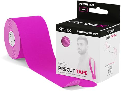 Kintex Kinesiologie Tape PreCut, 20 vorgeschnittene Streifen 25 x 5 cm | Hautfreundliches, wasserfestes Kinesiotape mit starkem Halt - 20 vorgeschnittene Streifen, schnelle Anwendung ohne Schere