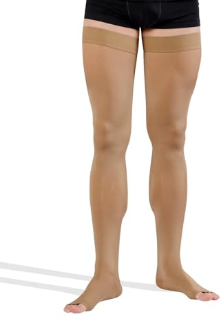 Medias de Compresión TONUS ELAST de 23-32 mmHg con Banda de Silicona, Punta Abierta, Medias de Soporte Clase II sin Puntera para Mujeres y Hombres (M, 170-182 cm, Beige)