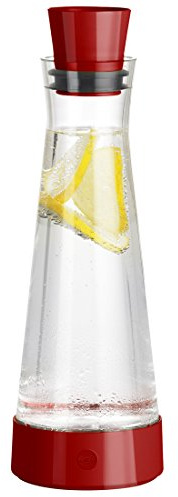 Emsa 515476 Flow Slim Friends Glaskaraffe | mit Kühlelement | 1 Liter | Automatische Verschlussklappe | bis zu 4 Stunden kalt | Rot, 12 x 12 x 38 cm