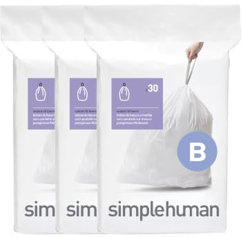 simplehuman CW0251 code B Custom Fit Bin Liner Bulk Pack, White Plastic (3 Pack of 30, Total 90 Liners)