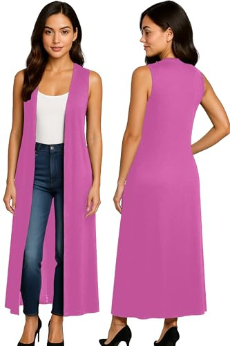 Re Tech UK - Ladies Sleeveless Cardigan | Womens Summer Lightweight Longline Waistcoat | Waterfall Open Front Maxi Cardigan | Thin Boyfriend Cardigans for Women UK (16-18 XL Hot Pink)