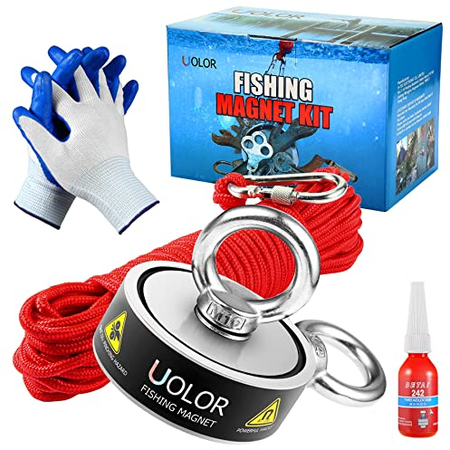 Uolor 400KG Haftkraft Doppelseitig Neodym Ösenmagnet mit Seil (20M/66ft), Super Stark Magnete Perfekt zum Magnetfischen Magnet Angel - Ø 67mm mit 2 Öse Neodymium Topfmagnet