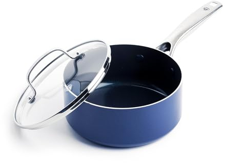 Blue Diamond Nonstick 2QT Saucepan with Lid, Non Toxic PFAS-Free Diamond Ceramic, Dishwasher & Oven Safe, Metal Utensil Safe Pot, Stay Cool Handle, Chef Pan, Glass Lid, Blue