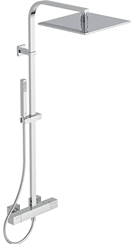 Ideal Standard Colonne de douche, Mitigeur thermostatique Ceratherm C100, Pomme de tête carrée 300x 300 mm (30x30cm), Douchette Stick 1 jet, Limiteur débit 8 et 12l/mn, Flexible douche, Chrome A7542AA