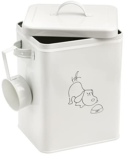 SOUJOY Pet Treat and Food Storage Bin with Lid and Scoop, 6LBS White Vintage Farmhouse Storage Tin, Coated Carbon Steel Canister, Gift for Dogs Owners