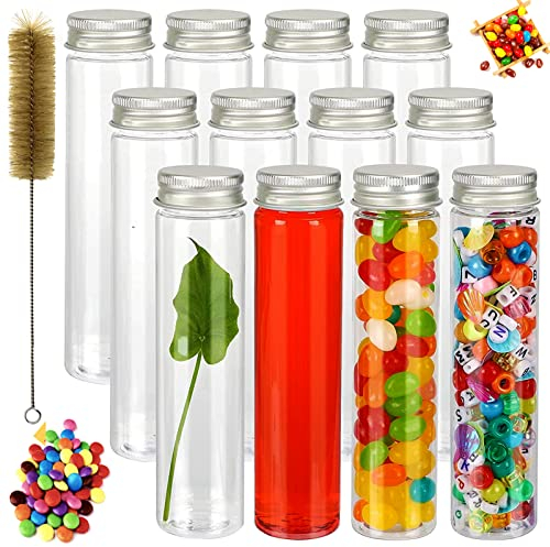 12 PCS Tubes à Essai en Plastique, 110 ML Bouteille Sensorielle Vide avec Bouchon à Vis et Brosse de Nettoyage, tube Plastique Transparent avec Bouchon, pour Fleurs, Bonbons, Épices