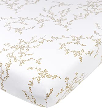 Meyco Spannbettlaken Kinderbett 60x120cm Jersey Branches Weiß/Sand | 100 % Baumwolle, Oeko Tex zertifiziert, Spannbetttuch, angenehm weich, extra elastisch, Rundum-Gummizug, atmungsaktiv