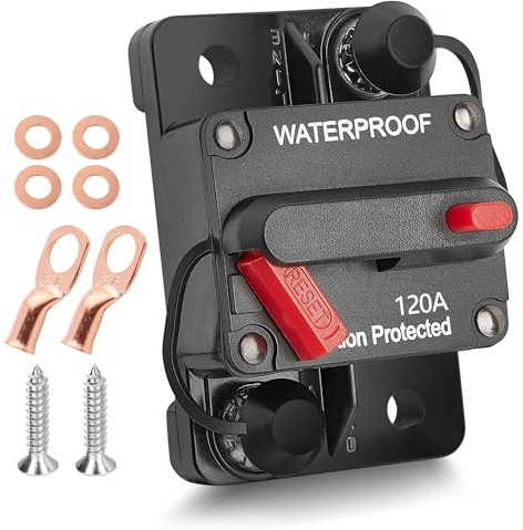 RED WOLF 120 AMP Car Circuit Breaker w/Manual Reset Switch Inline Fuse Holder Inverter for Motor Trolling Vehicles Audio Radio Solar System Protection 12V-48V DC with Wire Lugs Copper Washer Screws