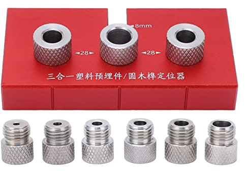 Fafeicy Dima per Tasselli in Legno 3 in 1, Perforatrice per Fori di Localizzazione in Lega di Alluminio con Scala Trasparente, con Boccola per Trapano 6 Pezzi, per Strumenti per la (Rosso)