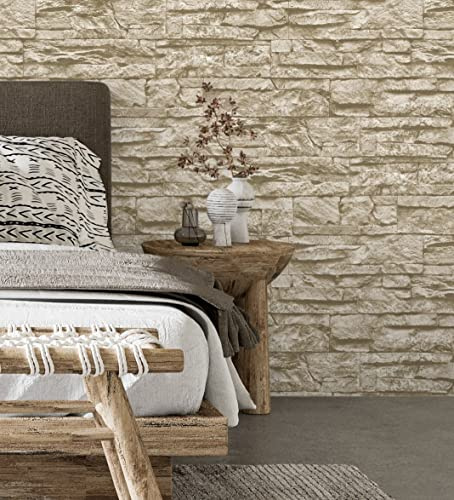 GAULAN 453146 - Papel pintado vinílico lavable piedra pizarra beige con textura relieve 3D para pared salón cocina baño comedor - Rollo de 10 m x 0,53 m
