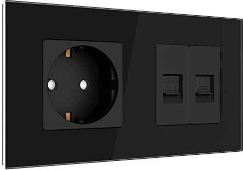 PULSAR LAN-/Telefon-/Schuko-Steckdose Schwarz Glas 2Fach Unterputz Cat 5e | Netzwerkdose/Telefondose/Steckdose Schwarz Glas 2 Fach, Cat5e LAN Dose Unterputz, Wandsteckdose Ethernet- Telefon Dose