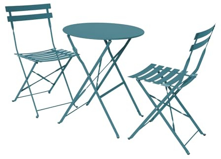Alice's Garden sweeek - Table de Jardin bistrot Pliante métal + 2 assises Bleu Canard Ø60 x 70cm. Acier thermolaqué