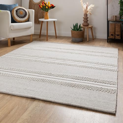 Steffensmeier Handweb Teppich Habo | Wolle (Schurwolle), Silber, handgewebt, Größe: 120x180 cm Wohnzimmer und Schlafzimmer