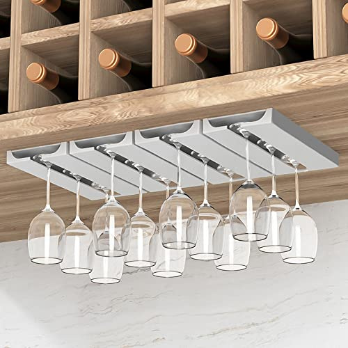 Vaisoeny Wine Glass Holder, 4 Pack Wine Glass Holder Under Cabinet (White) | No-Drilling Wine Glass Rack, Quick to Install with Multiple Mounting Options, Under Cabinet Wine Glass Holder for Stemware