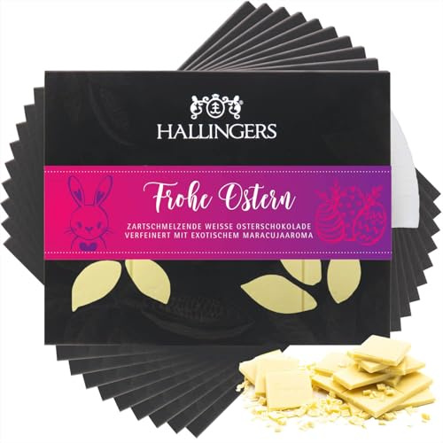 Hallingers Genuss Manufaktur Weiße Schokolade Oster-Geschenk - Tafel handgeschöpfter Edelkakao ohne Alkohol edler Karton 10x Frohe Ostern Maracuja, Ostern Körbchen für Frauen Männer
