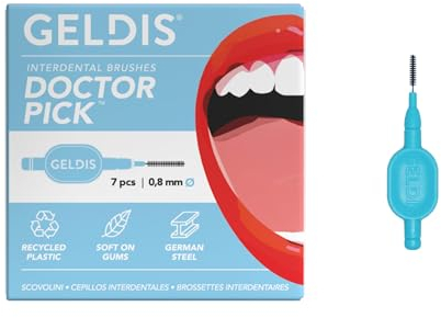GELDIS Scovolini Dentali Doctor Pick - Scovolino Interdentale per Pulizia Denti, Scovolino Denti per Igiene Dentale, Rimuovi Tartaro Denti, 7 pezzi - Con Cappuccio (Azzurro, 0,8mm)