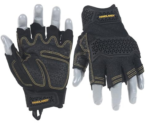 HANDLANDY Fingerless Work Gloves, Half Finger Mechanic Working Glove Grip Impact Resistant U-Wrist TPR Anti Collision Gloves for Men & Women, Black, L