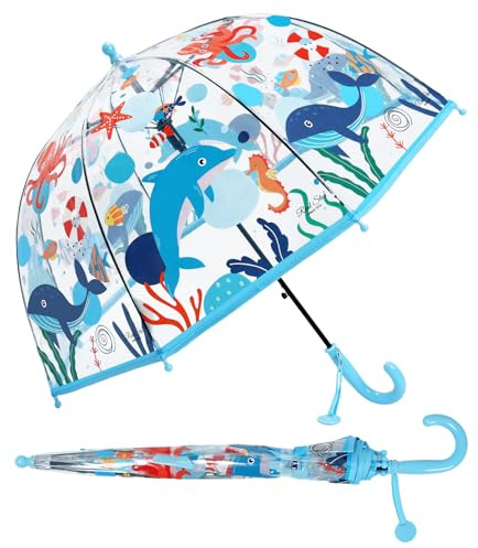 Regenschirm Kinderschirm Stockschirm, Windsicher Robustheit Regen Regenschirm Transparent, Kinderregenschirm Durchsichtig Junge Mädchen, Kuppel-Blasenschirm Durchmesser=70cm Unterwasserwelt