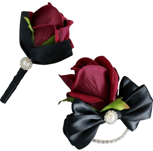 Wambere 1 Satz Hochzeit Boutonniere Handgelenksblume,Rose Corsage Boutonniere Ansteckblume für Braut Bräutigam Trauzeuge Brautjungfer Jubiläum Abschlussball Verlobung Geburtstag Party,Weinrot