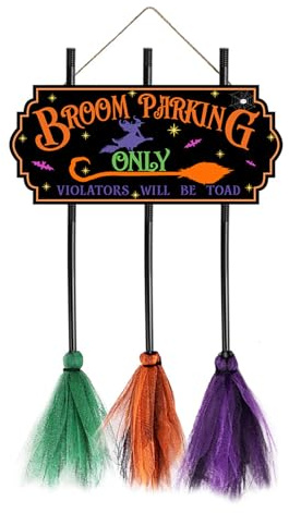 YLSZHYR Halloween-Türschild, Besenparkplatzschild mit 3 Hexen, Besen, Hokus, Pokus, Halloween-Dekorationen, hängender Besen für Veranda, Büro, Wand, Zuhause, Halloween-Dekoration (Schwarz 2)