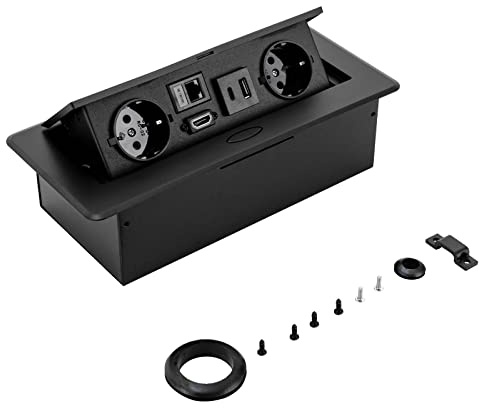 HUSPOO Enchufe de mesa retráctil con 2 enchufes europeos LAN HDMI y 5 V 2 A USB Typec, enchufe empotrable USB A+C Pop Up enchufe de mesa retráctil enchufe oficina cocina