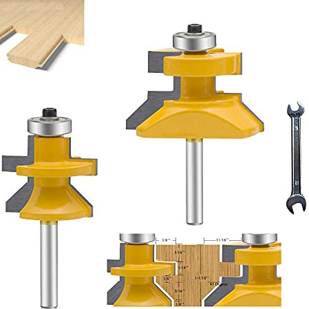 Fräser-Set, 1/4-Zoll-Schaft, 2-teilig, Nut- und Feder-Boden, V-Kerbe, Wandvertäfelung, Bodenbelag, Schienenpfosten, Fräser-Set mit Kantenanleimschneider für Türverkleidungen und Schubladen (1/4-Kant
