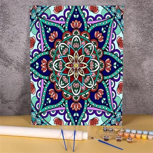 Cooiiye Blaue Mandala-Blumen Malen Nach Zahlen Erwachsene,30x40cm mit Gerahmten Acryl Leinwand Malen nach Zahlen Set, mit 3 Pinseln DIY Handgemalt Ölgemälde Kunst für Home Wand Décor